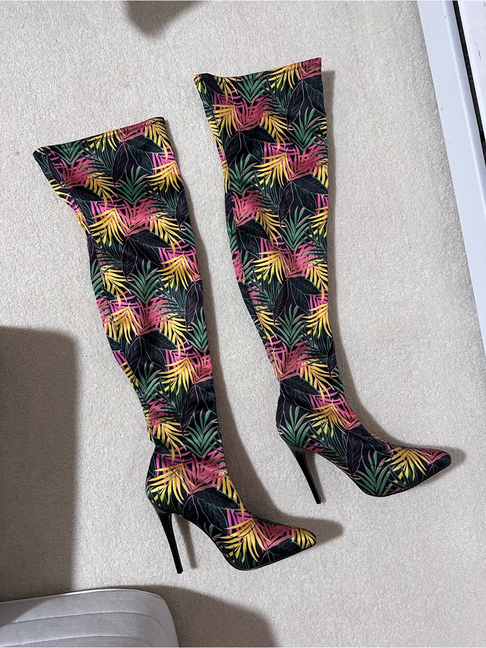 Call It Spring Black Tropical Print Over-the-Knee Stiletto Boots